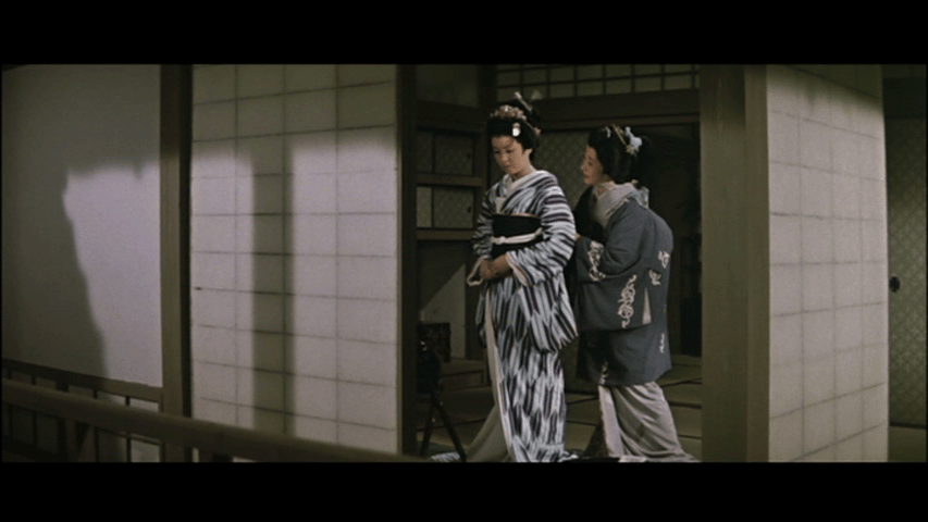 Two women dressed in traditional Japanese clothing stand in a hallway, with one woman wearing a striped kimono and the other in a gray garment. The setting features a traditional Japanese architectural style.