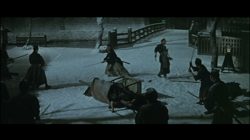 A dramatic winter scene featuring multiple samurai engaged in a sword fight in a snow-covered courtyard, with traditional buildings and a bridge in the background.