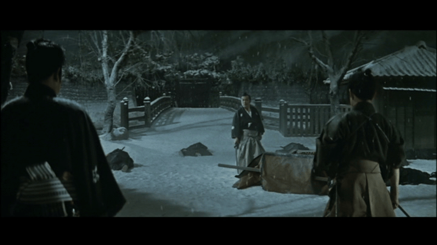 A snowy scene at night featuring two figures in traditional clothing facing a lone man in the distance, surrounded by fallen figures on the ground.